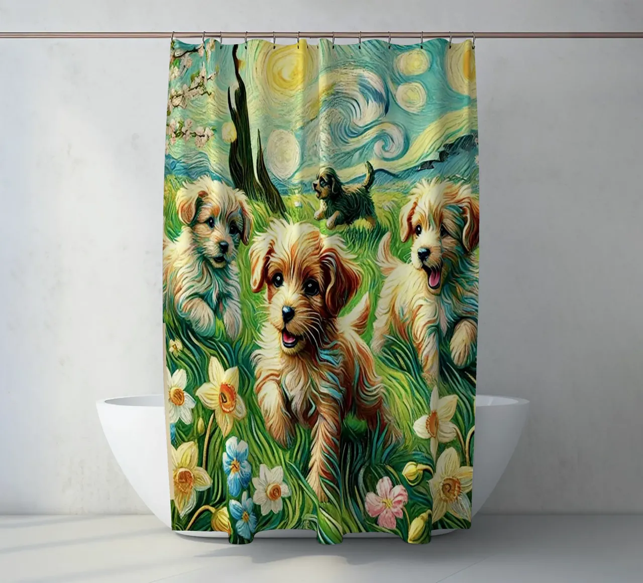 I LOVE MY DADDY IN SPRING, Puppy Dog Edition, Van Gogh Style tenda da doccia da Vintage Van Gogh