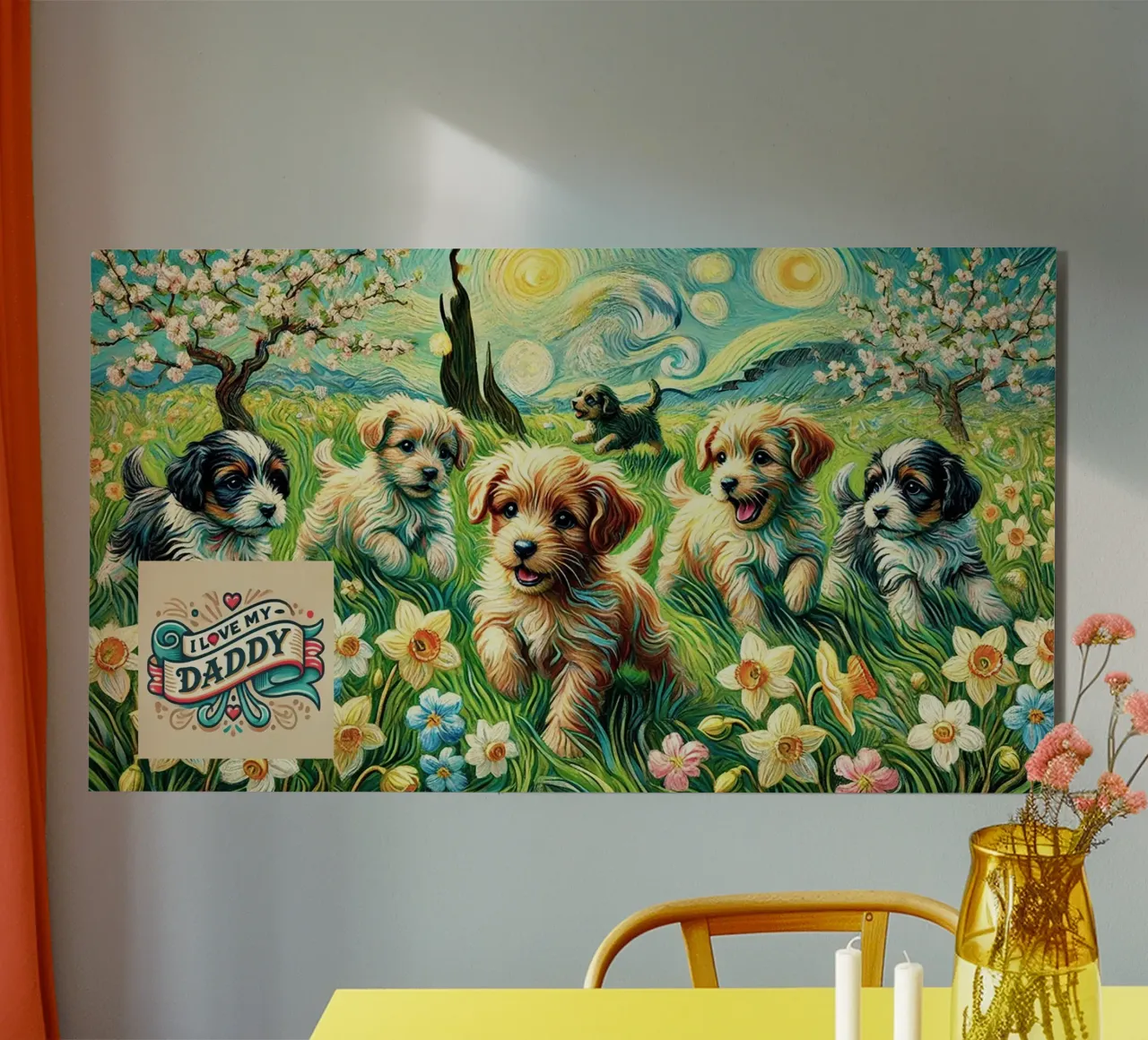 I LOVE MY DADDY IN SPRING, Puppy Dog Edition, Van Gogh Style alluminio dibond da Vintage Van Gogh