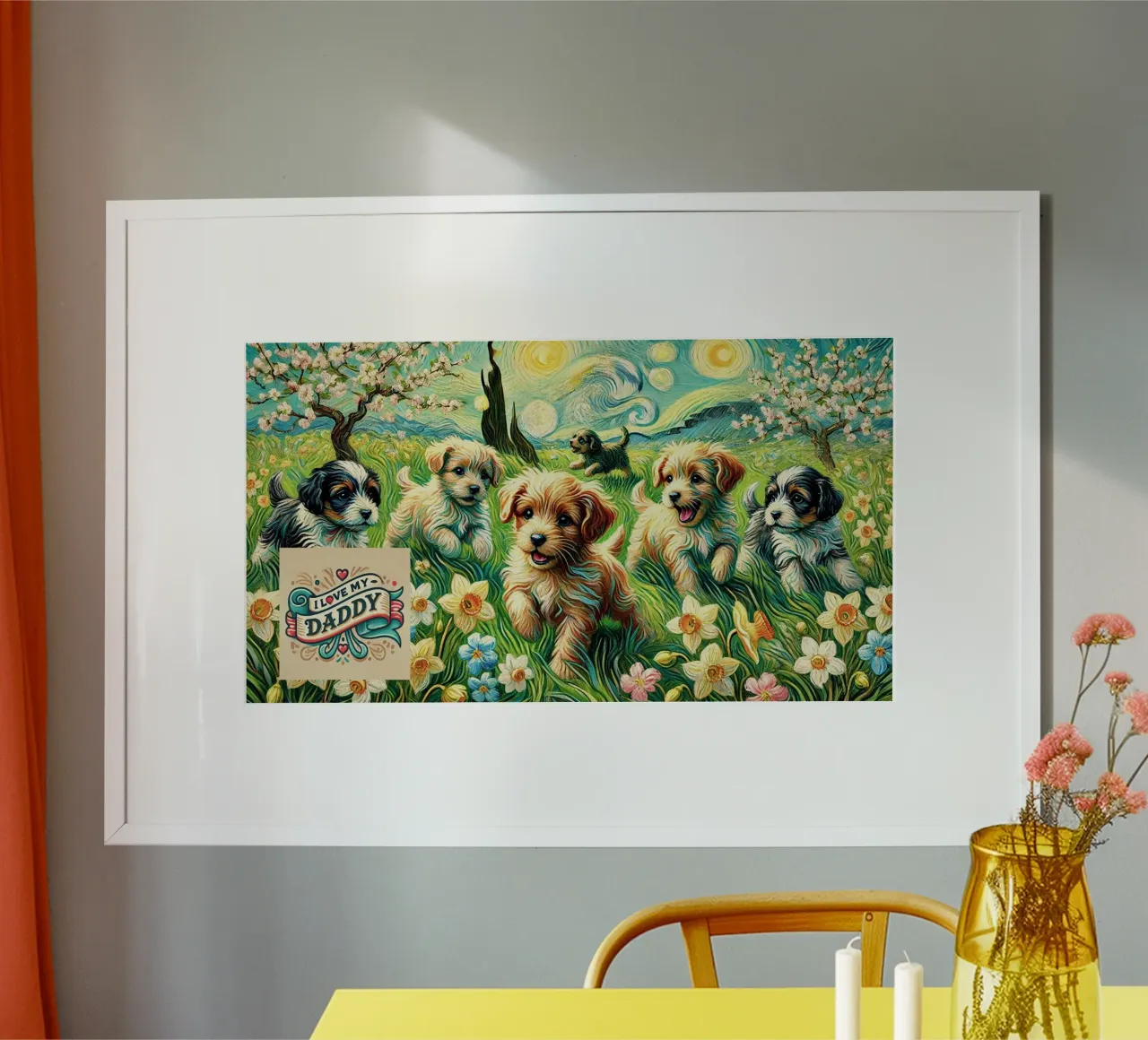I LOVE MY DADDY IN SPRING, Puppy Dog Edition, Van Gogh Style carta hahnemühle da Vintage Van Gogh