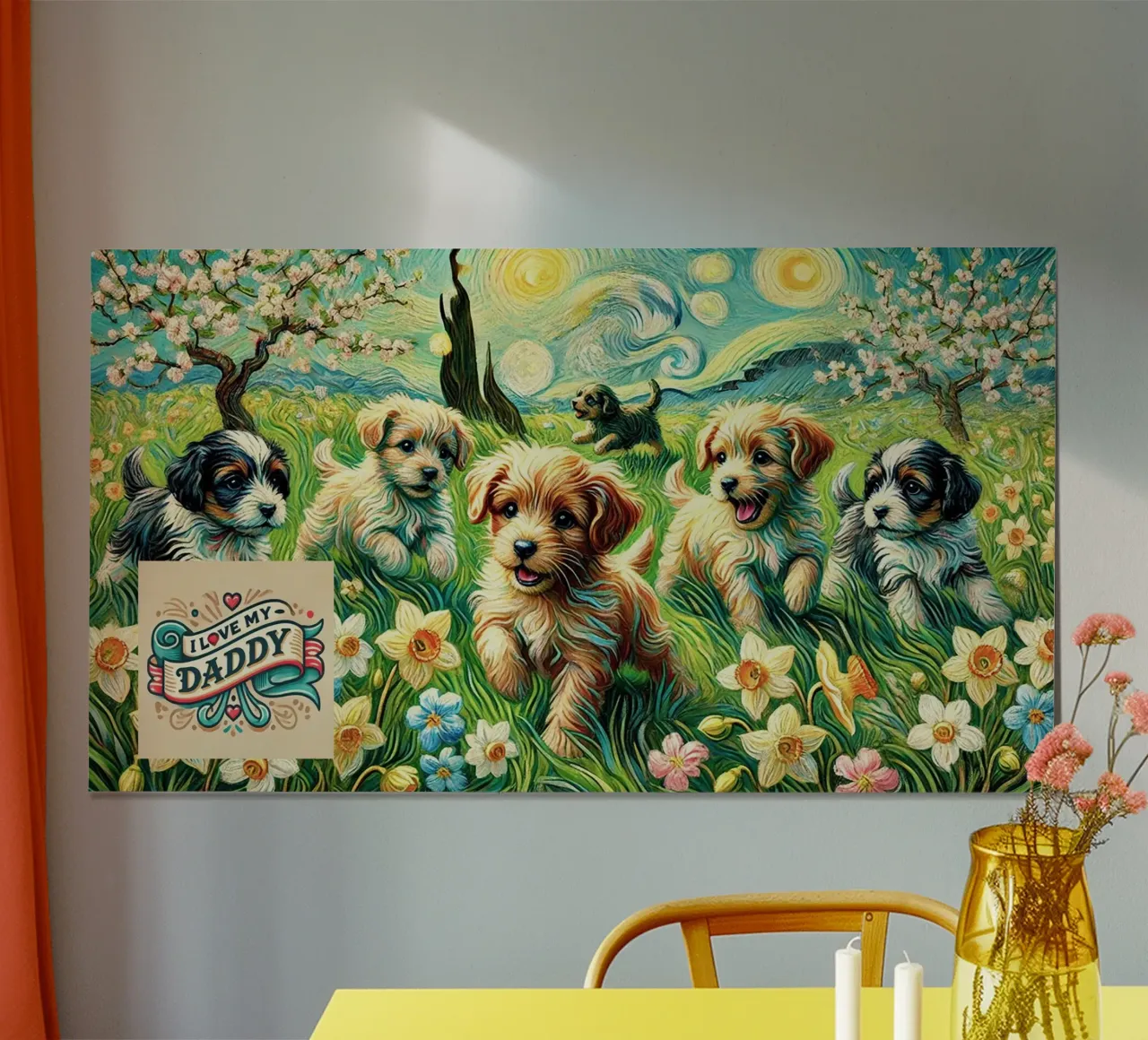 I LOVE MY DADDY IN SPRING, Puppy Dog Edition, Van Gogh Style carta hahnemühle da Vintage Van Gogh