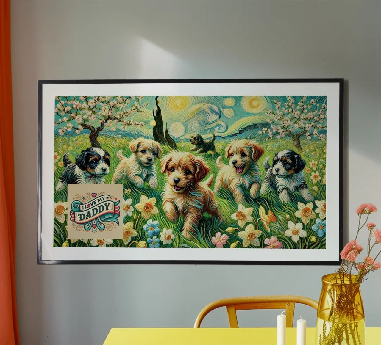 I LOVE MY DADDY IN SPRING, Puppy Dog Edition, Van Gogh Style carta hahnemühle da Vintage Van Gogh