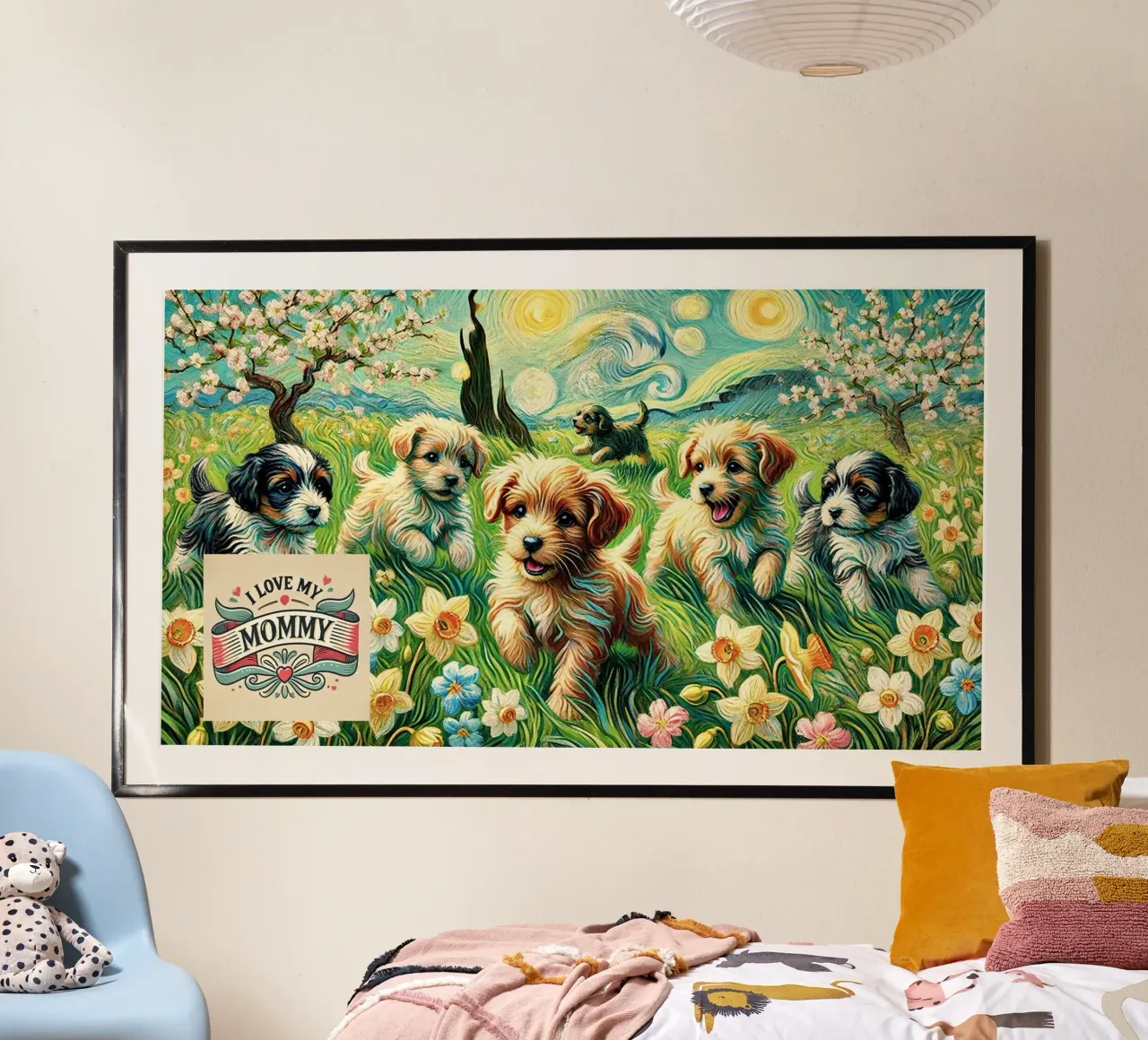 I LOVE MY MOMMY IN SPRING, Puppy Dog Edition poster con telaio in plastica da Vintage Van Gogh