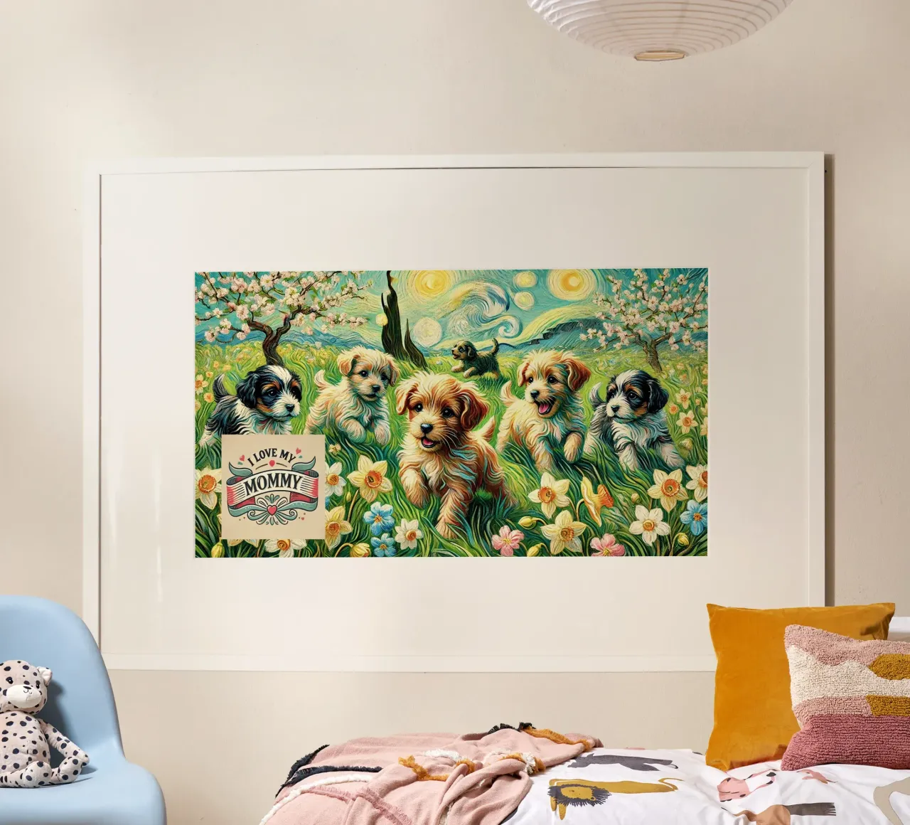 I LOVE MY MOMMY IN SPRING, Puppy Dog Edition poster con telaio in plastica da Vintage Van Gogh