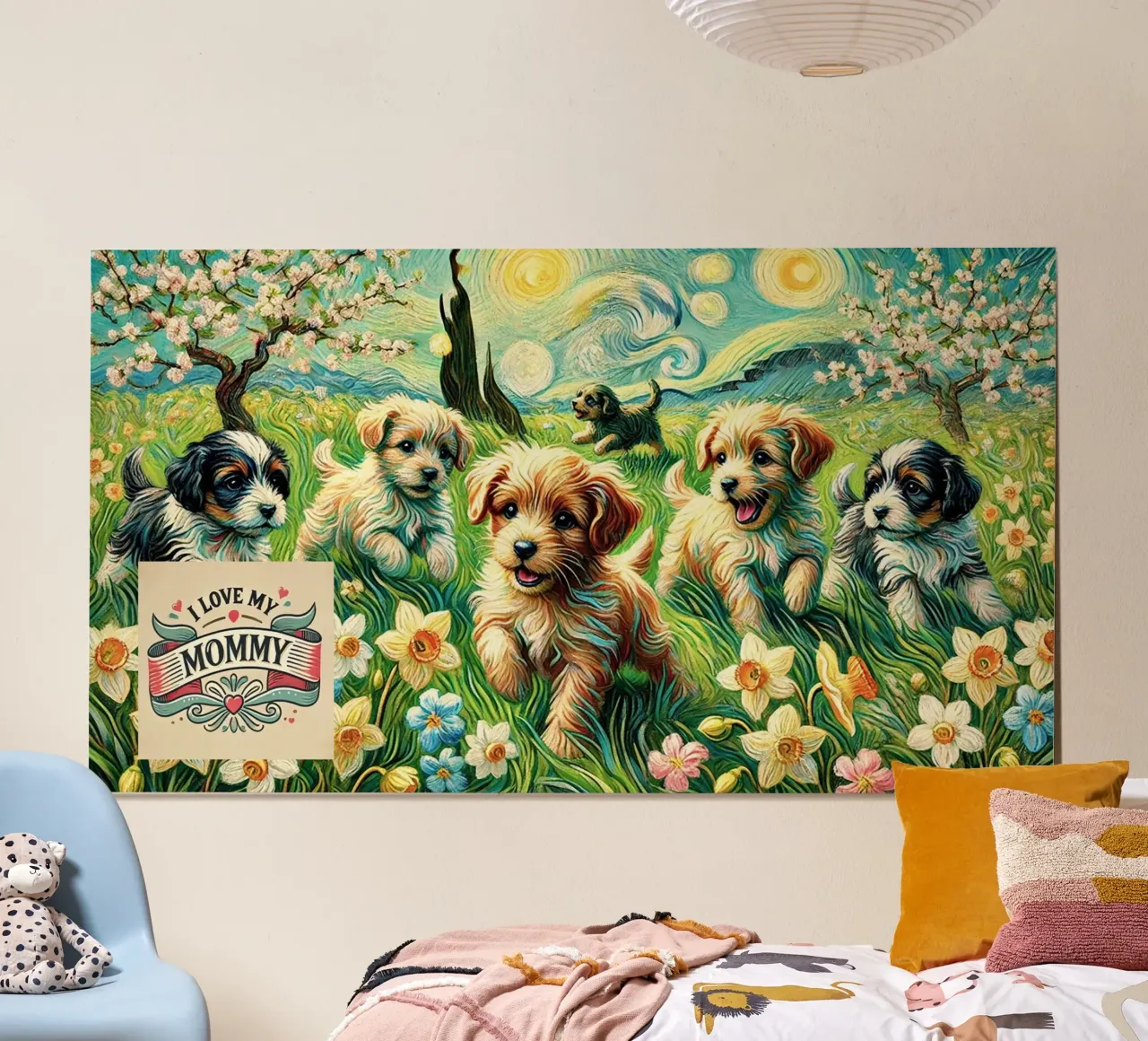 I LOVE MY MOMMY IN SPRING, Puppy Dog Edition poster con telaio in plastica da Vintage Van Gogh