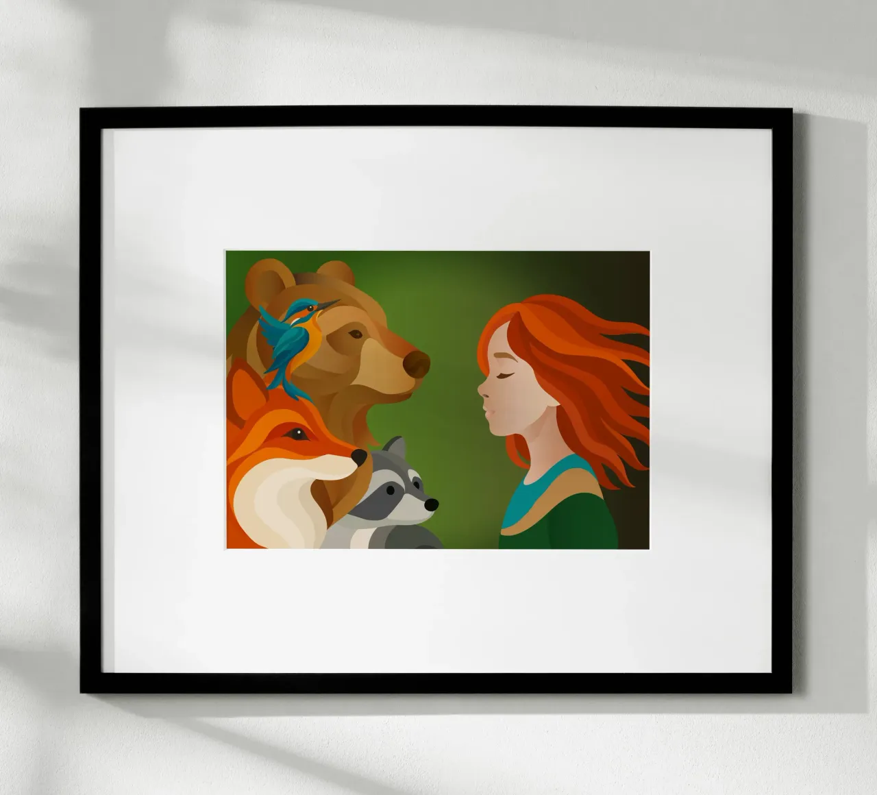 Ragazza con capelli rossi e animali della foresta - solidarietà poster con telaio in legno da namosh
