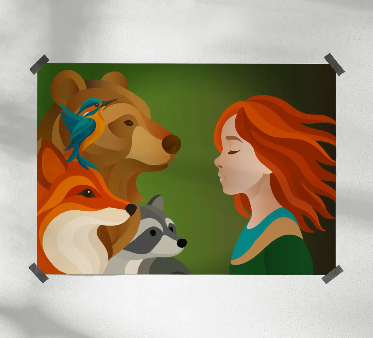 Ragazza con capelli rossi e animali della foresta - solidarietà poster con telaio in legno da namosh