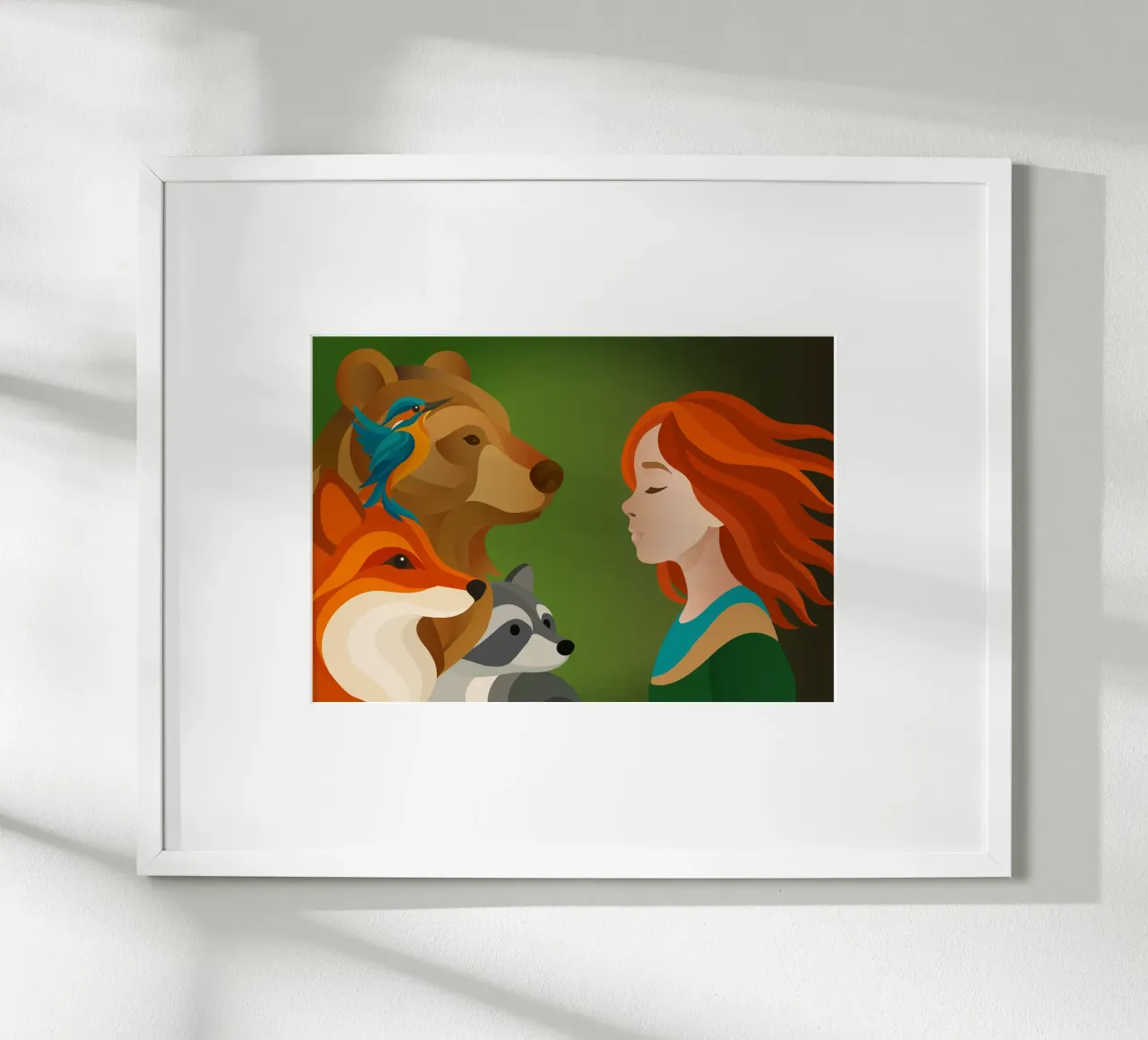 Ragazza con capelli rossi e animali della foresta - solidarietà poster con telaio in legno da namosh