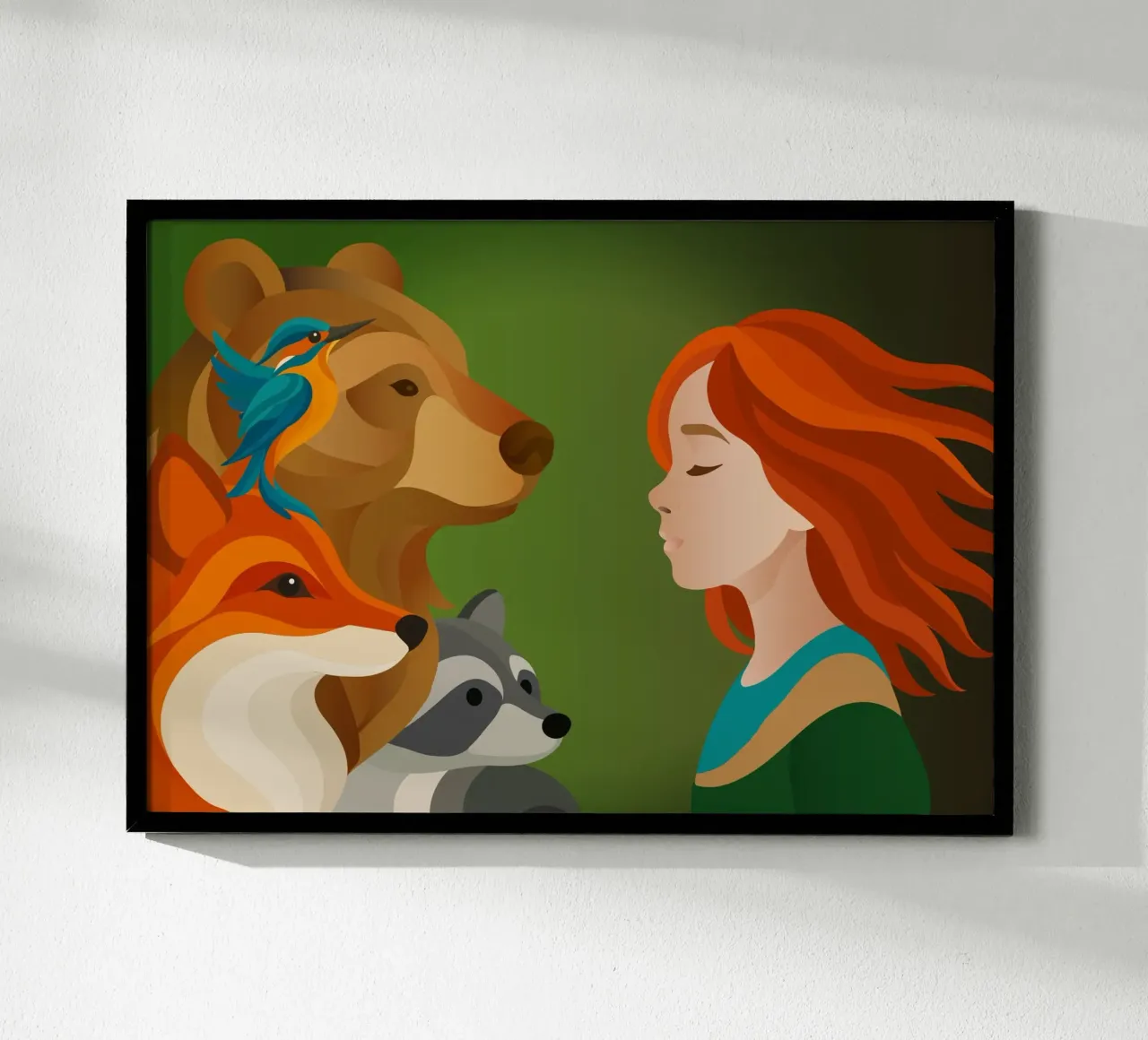 Ragazza con capelli rossi e animali della foresta - solidarietà poster con telaio in legno da namosh