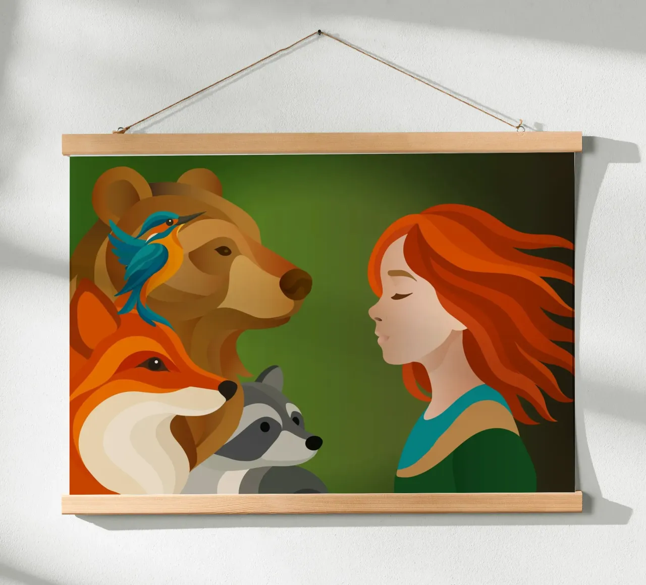 Ragazza con capelli rossi e animali della foresta - solidarietà poster con telaio in legno da namosh