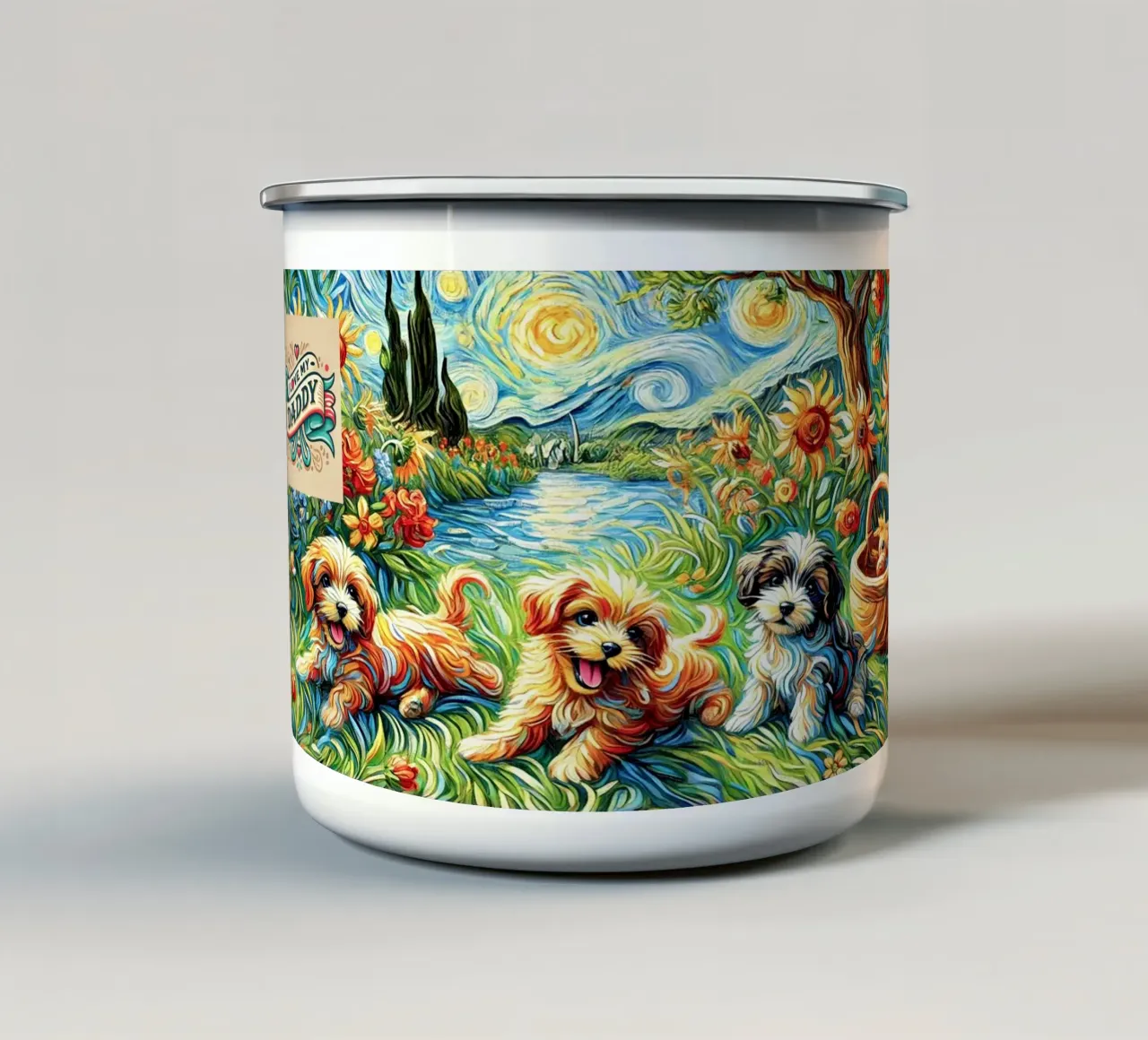 I LOVE MY DADDY IN SUMMER, Puppy Dog Edition tazza in smalto da Vintage Van Gogh