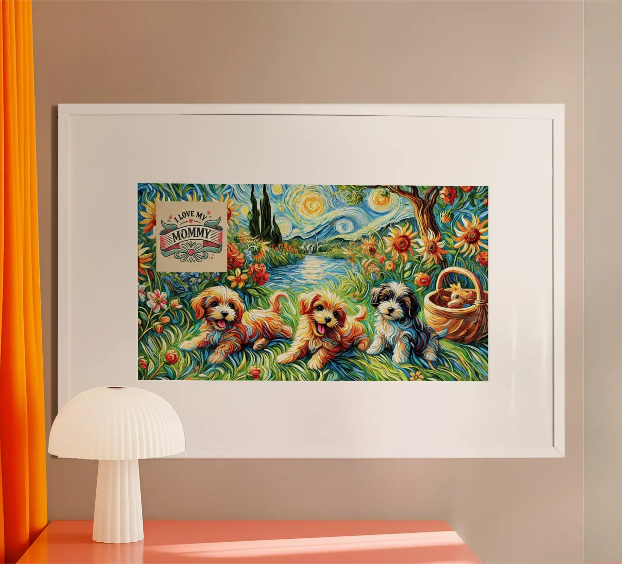 I LOVE MY MOMMY IN SUMMER, Puppy Dog Edition poster con telaio in plastica da Vintage Van Gogh