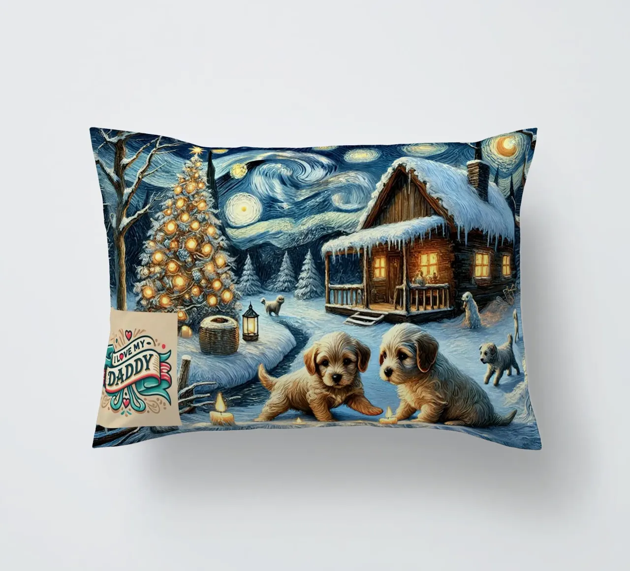 I LOVE MY DADDY IN WINTER, Puppy Dog Edition cuscino da Vintage Van Gogh