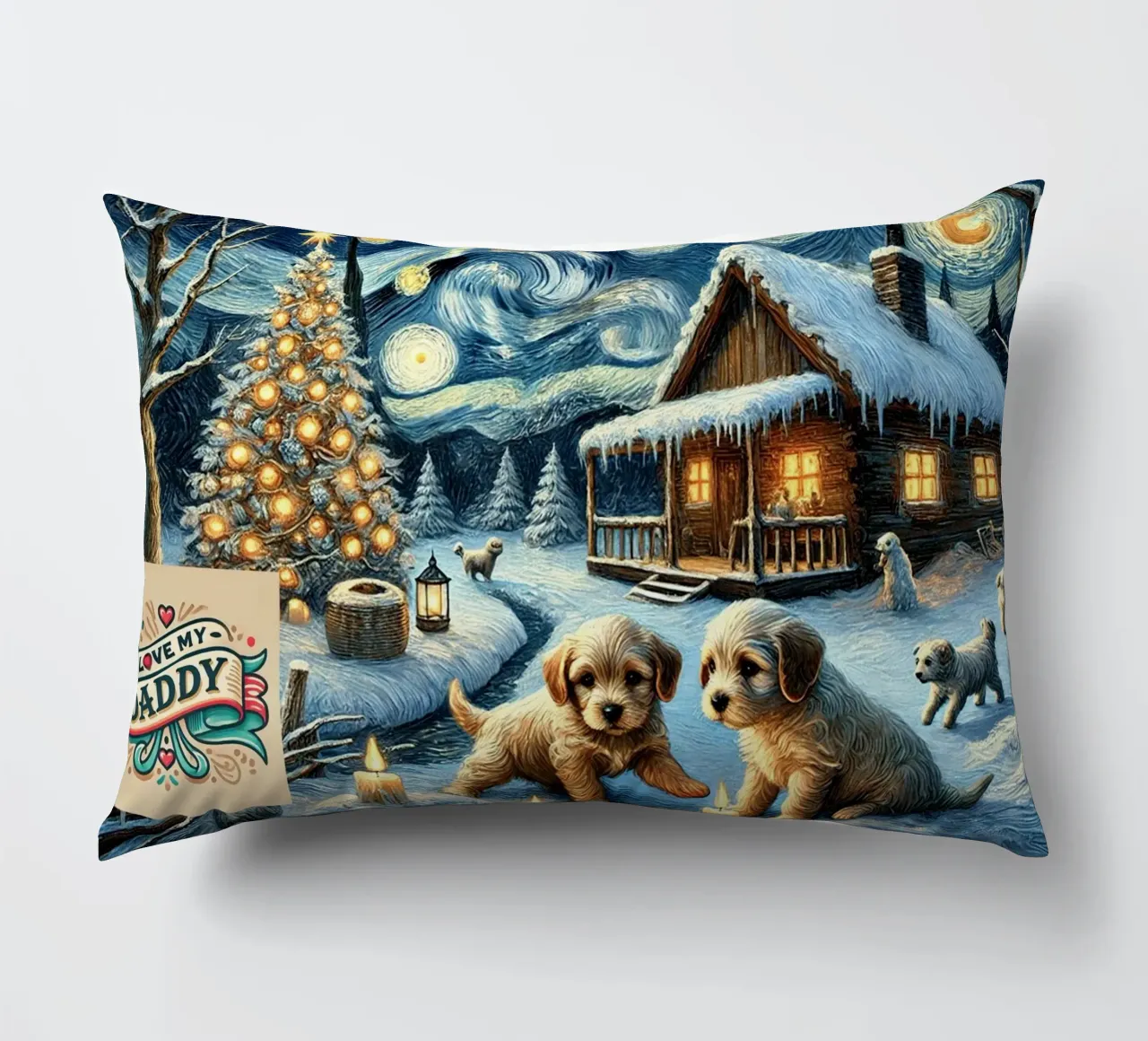 I LOVE MY DADDY IN WINTER, Puppy Dog Edition cuscino da Vintage Van Gogh