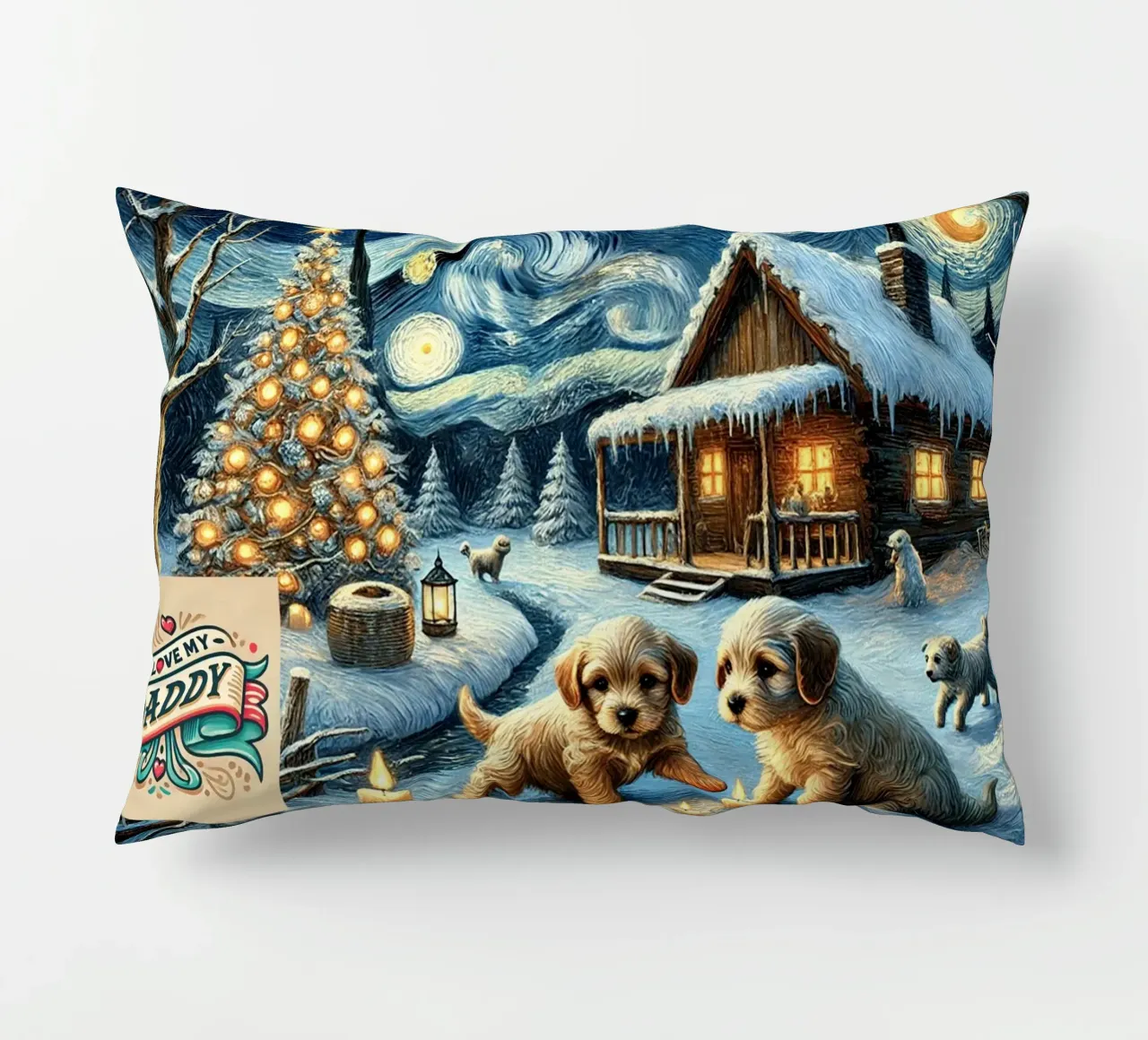 I LOVE MY DADDY IN WINTER, Puppy Dog Edition cuscino da Vintage Van Gogh