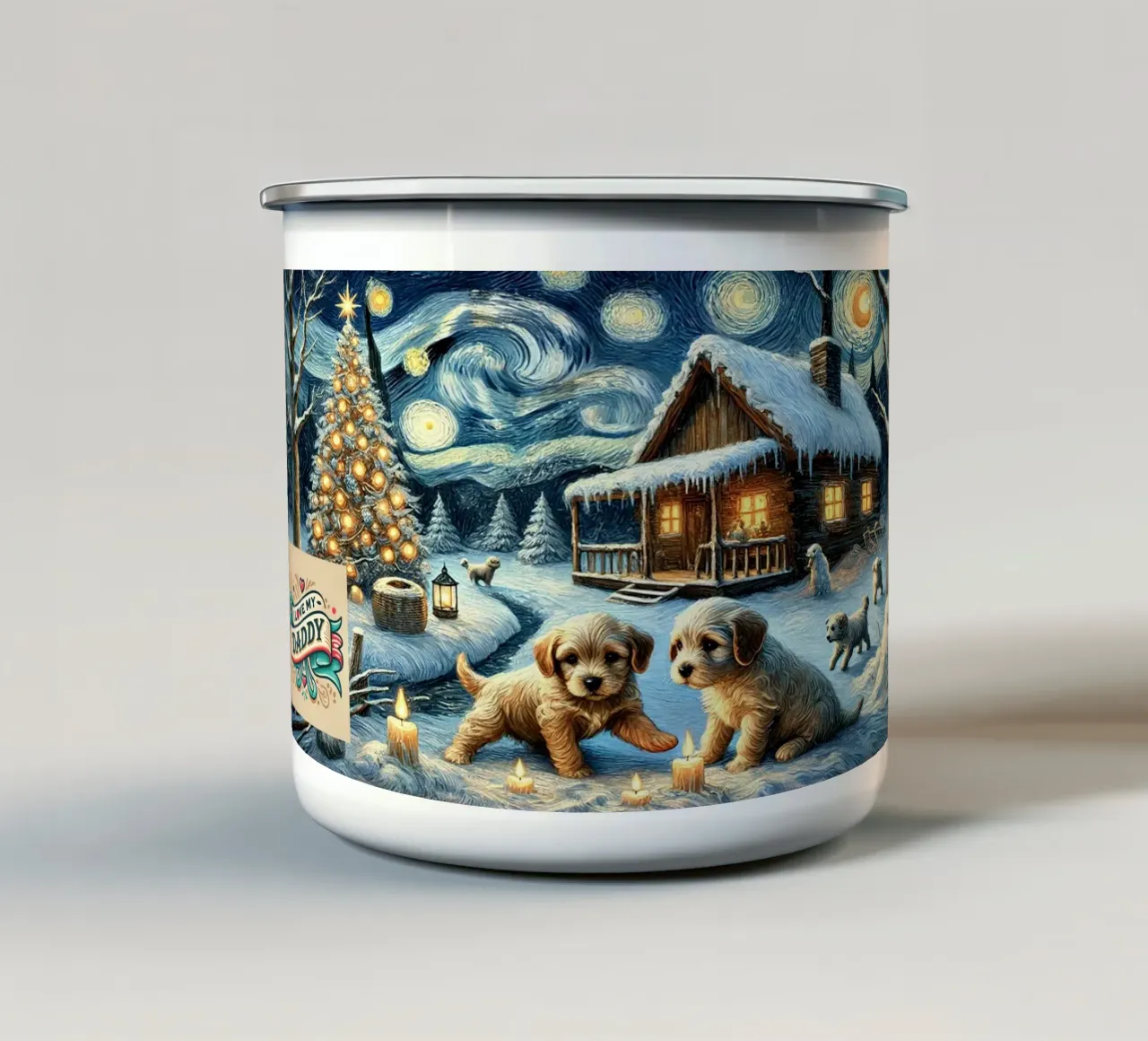 I LOVE MY DADDY IN WINTER, Puppy Dog Edition tazza in smalto da Vintage Van Gogh