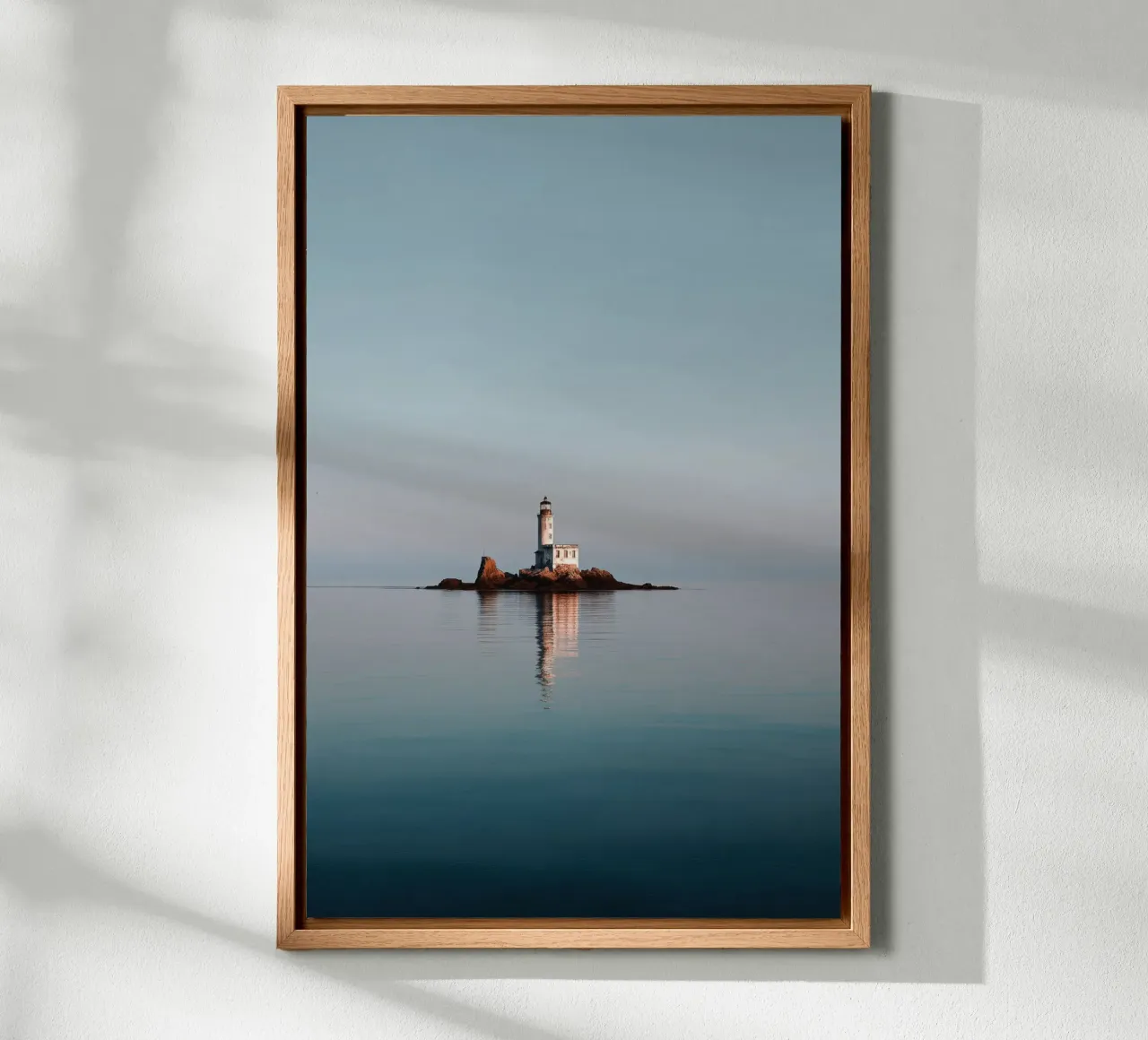 Lighthouse on Rocky Islet in Calm Sea canvas with Floater frame by Indigo Tides Art