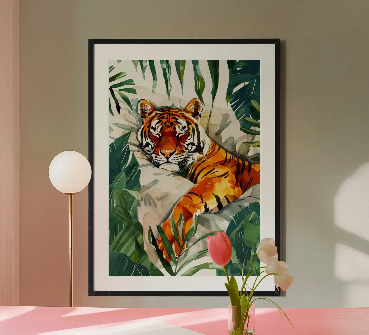 Tigre addormentata poster con telaio in legno da Justyna Jaszke JBJart