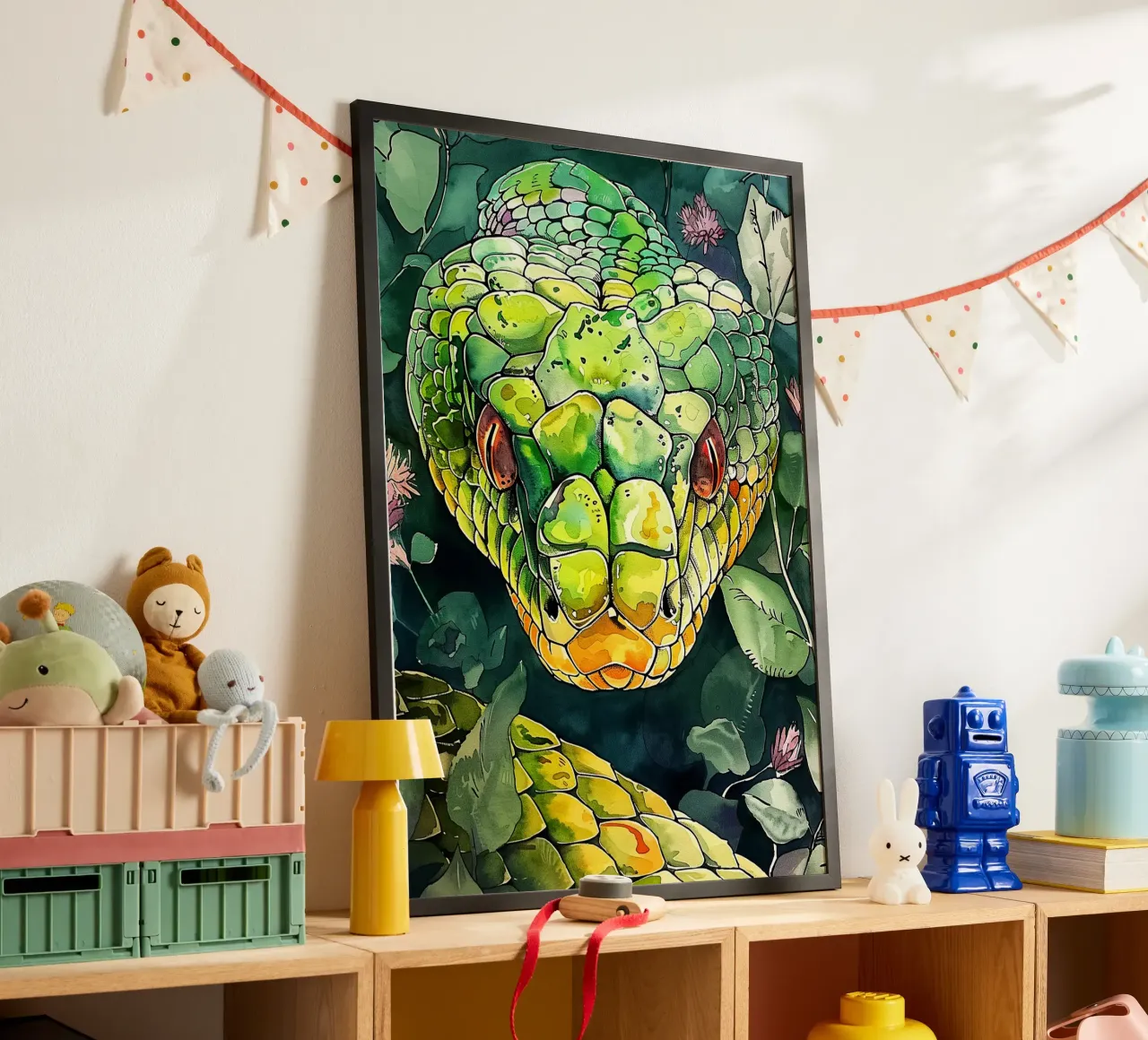 Serpente verde poster con telaio in plastica da Justyna Jaszke JBJart