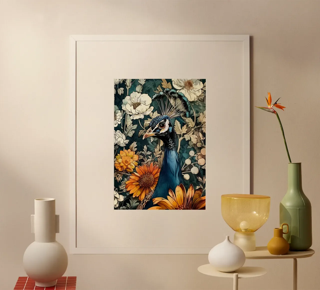 Uccello pavone arte poster con telaio in legno da Justyna Jaszke JBJart