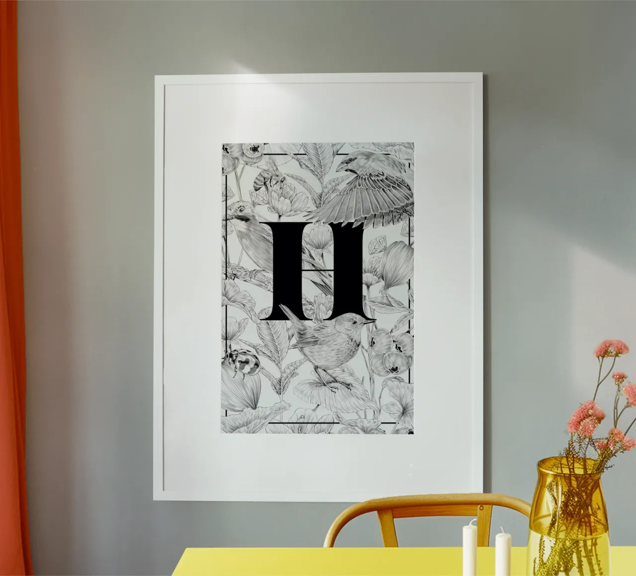 Floral Alphabet H poster con telaio in alluminio da Faunesque