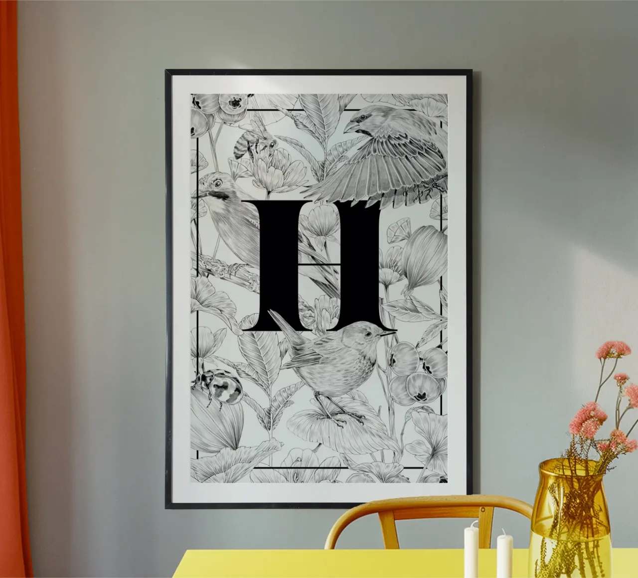 Floral Alphabet H poster con telaio in alluminio da Faunesque