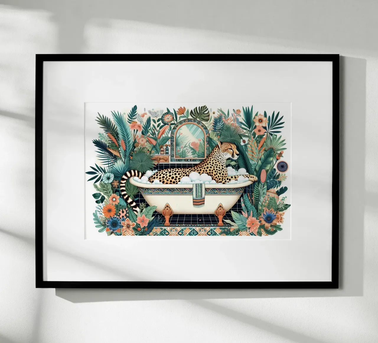 Ghepardo nella vasca da bagno poster con telaio in legno da Digital Naive