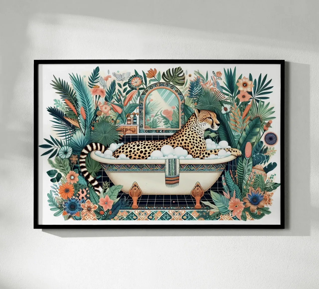 Ghepardo nella vasca da bagno poster con telaio in legno da Digital Naive