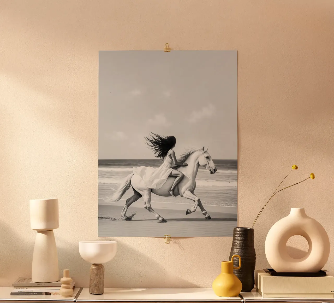 Cavallo Boho a cavallo Fotografia di spiaggia in bianco e nero poster con telaio in alluminio da Dagmar Pels