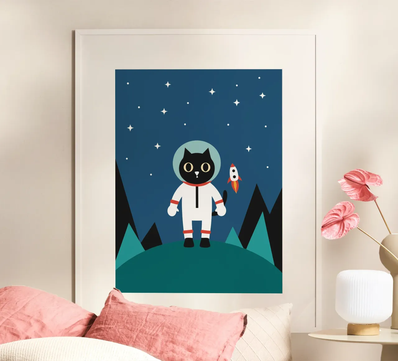 Gatto astronauta poster con telaio in alluminio da LOOK DIFFERENT