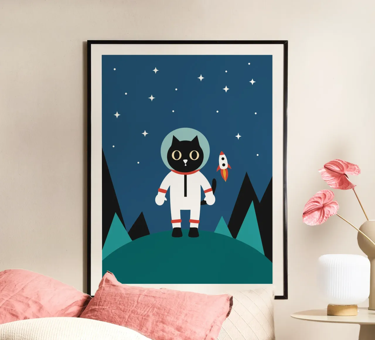 Gatto astronauta poster con telaio in alluminio da LOOK DIFFERENT