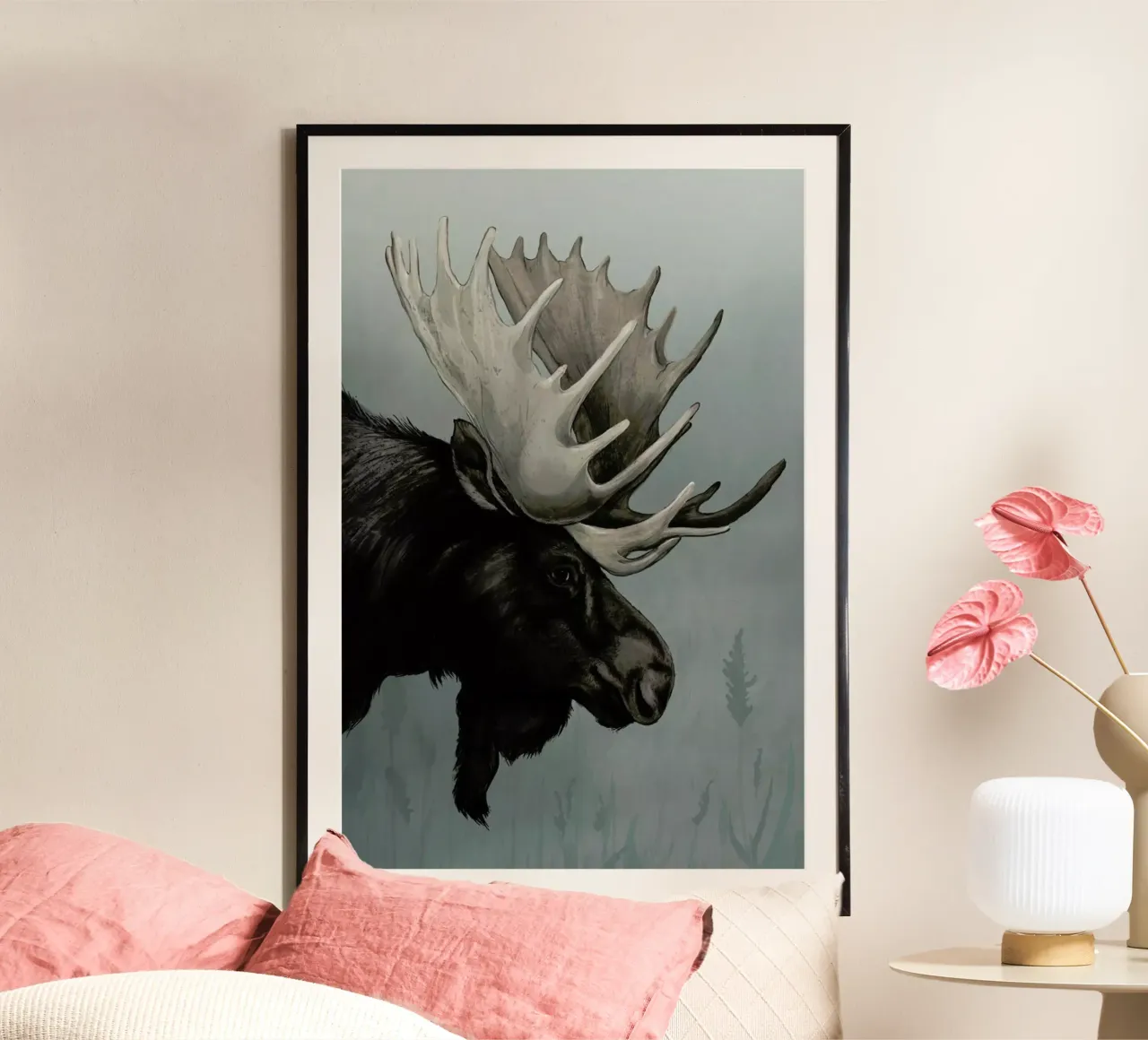 Misty Morning Moose poster con telaio in legno da Laura Graves