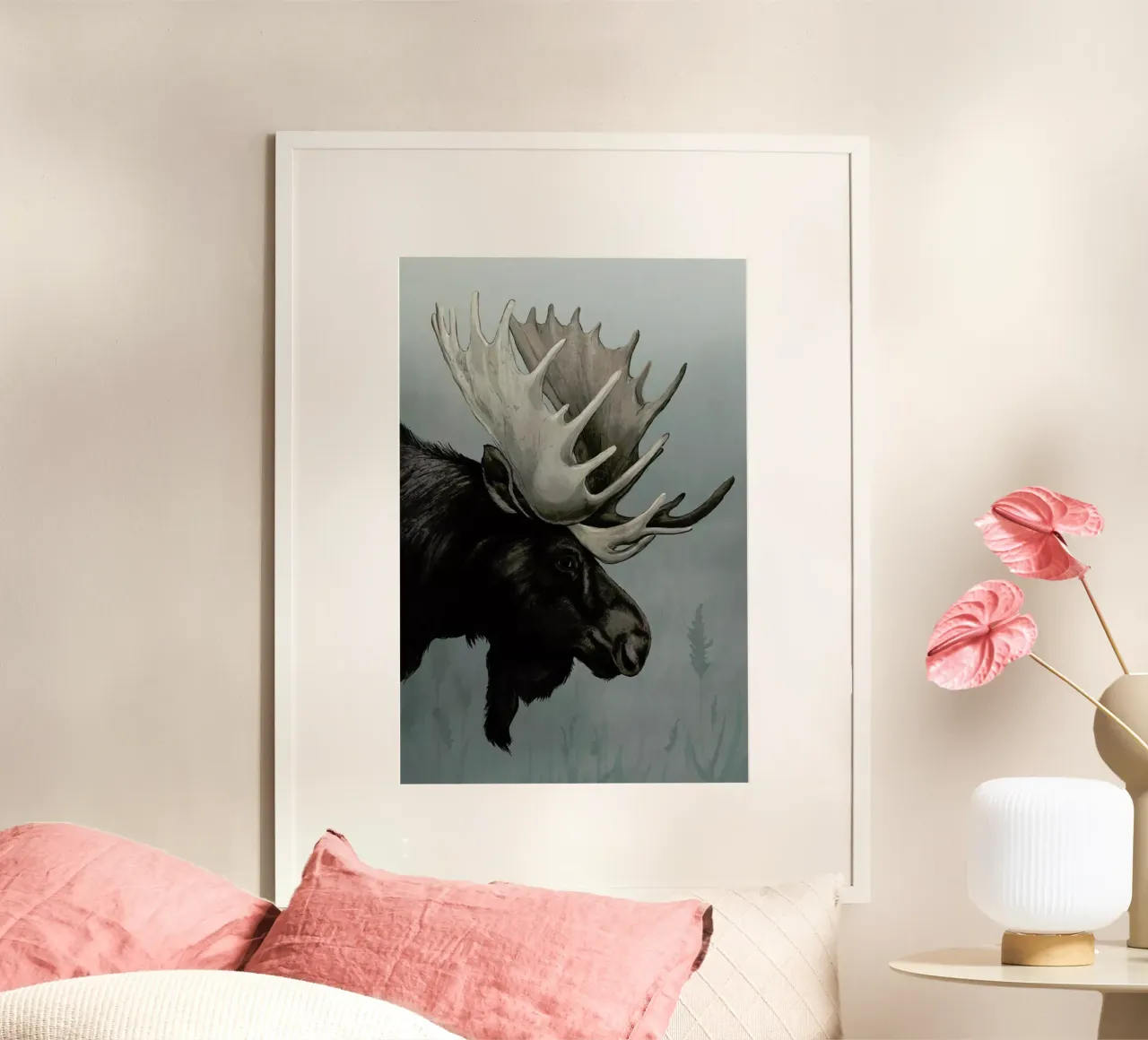 Misty Morning Moose poster con telaio in legno da Laura Graves