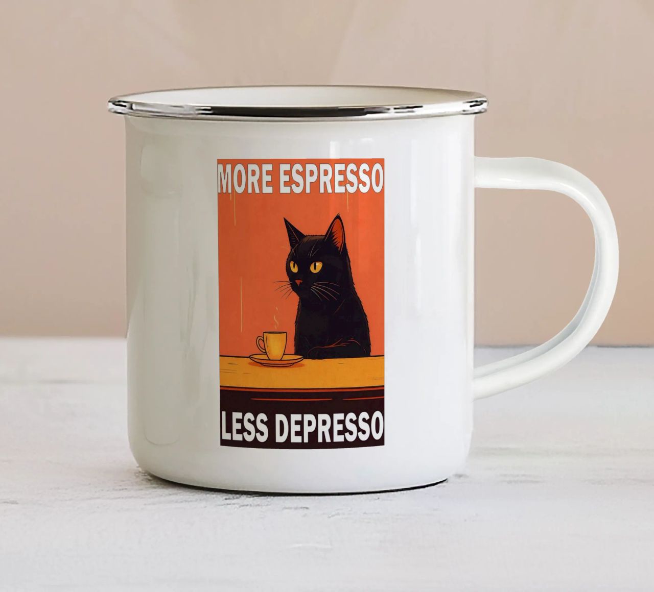 More Espresso Less Depresso Funny Cat tazza in smalto da Nayara