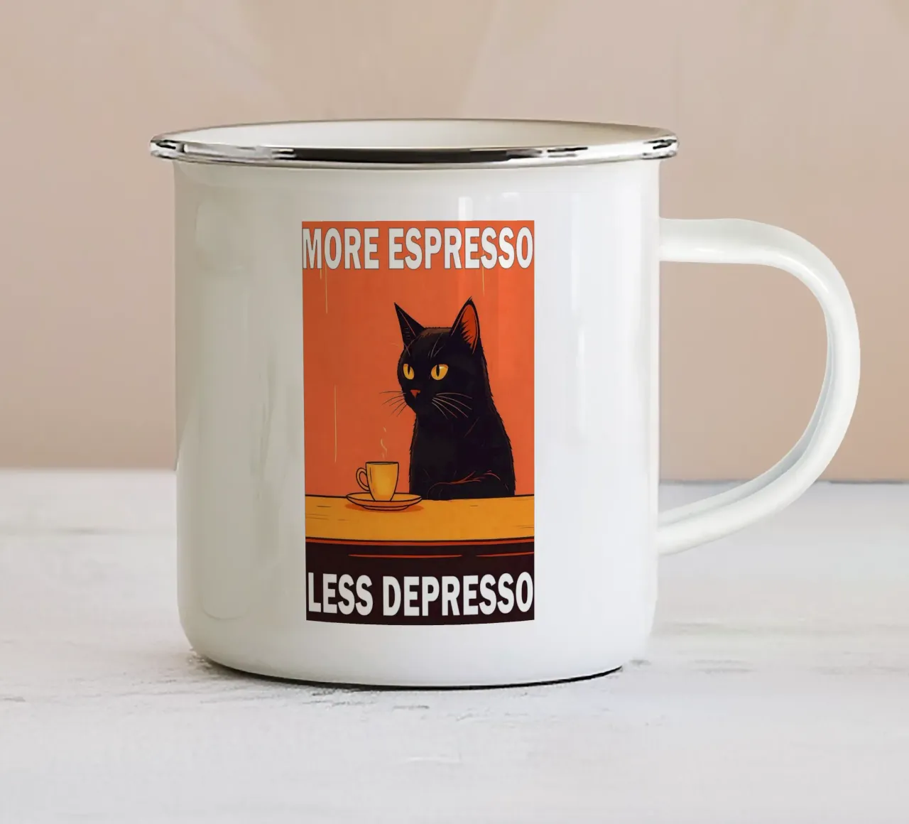 Mehr Espresso weniger Depresso Lustige Katze Emaille Tasse von Nayara