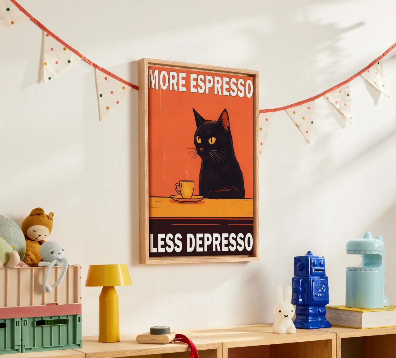 More Espresso Less Depresso Funny Cat tela con Cornice a cassetta da Nayara