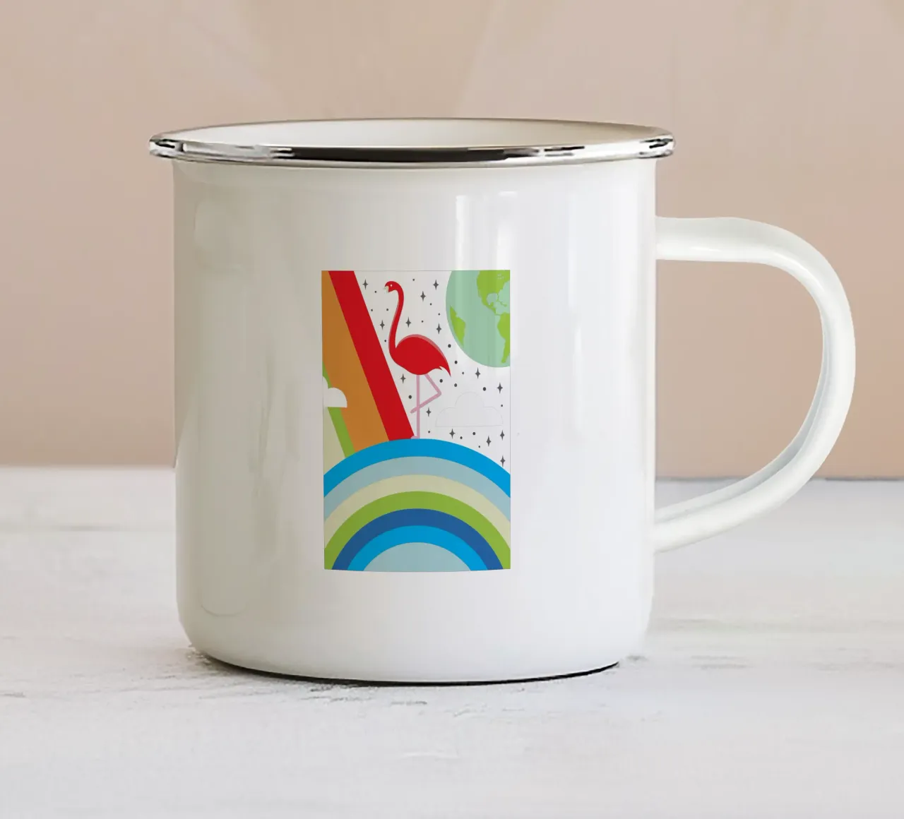 Uccello fenicottero e arcobaleno tazza in smalto da LOOK DIFFERENT
