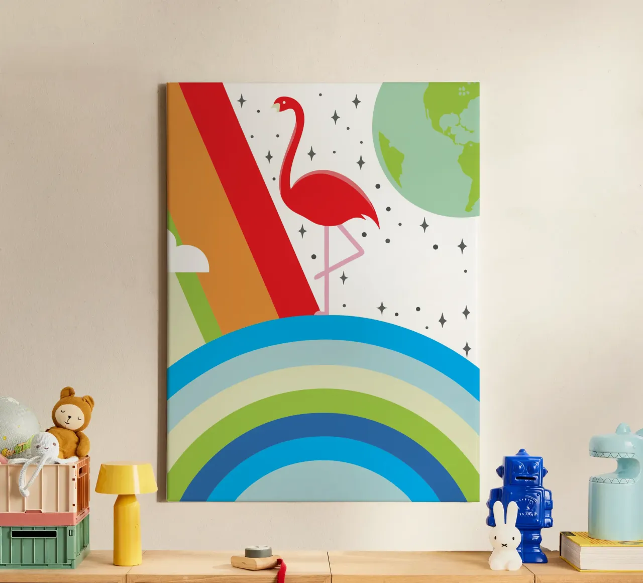 Flamingovogel en regenboog canvas met Baklijst van LOOK DIFFERENT