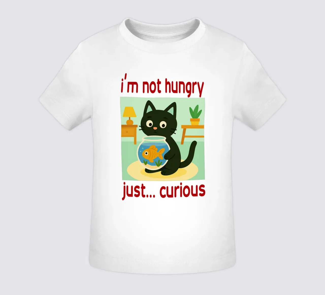Je n'ai pas faim, je suis juste curieux de voir un chat amusant t-shirt pour bébé de Nayara