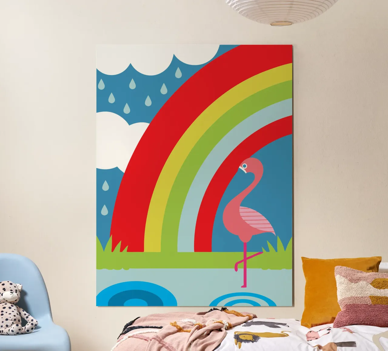Uccello fenicottero e arcobaleno poster con telaio in alluminio da LOOK DIFFERENT