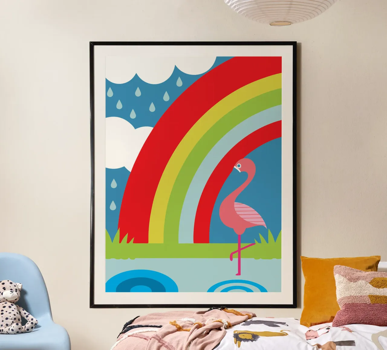 Uccello fenicottero e arcobaleno poster con telaio in alluminio da LOOK DIFFERENT
