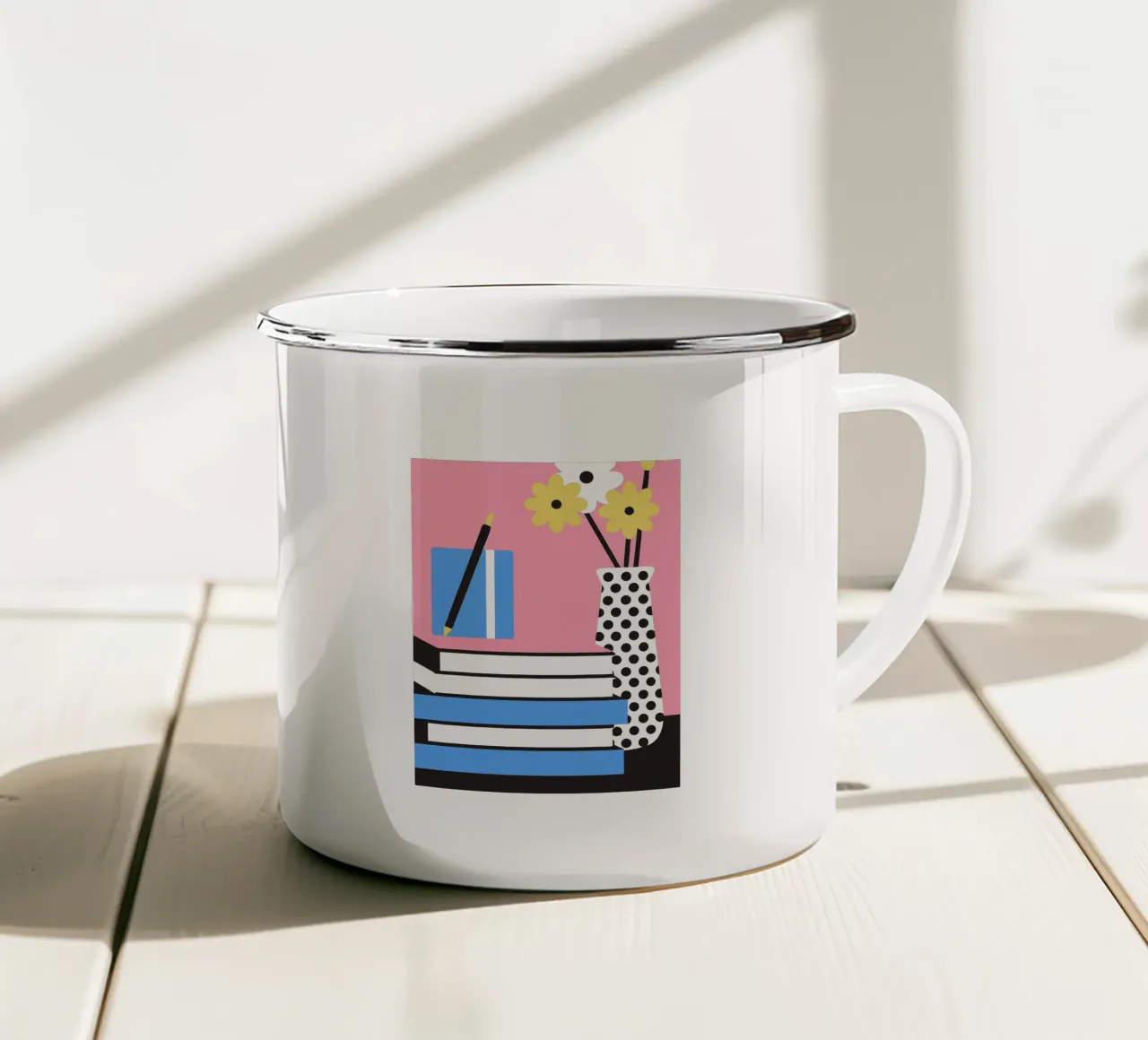 Libri e vaso di fiori tazza in smalto da LOOK DIFFERENT