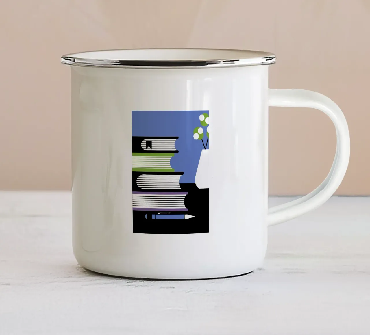 Libri e vaso di fiori tazza in smalto da LOOK DIFFERENT