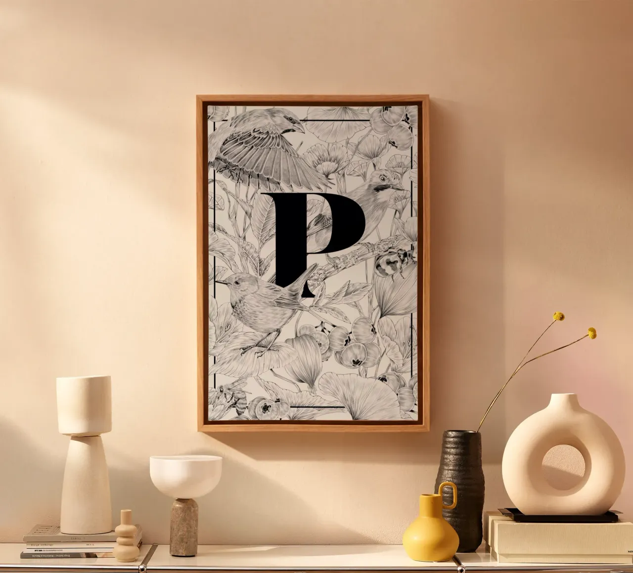 Floral Alphabet P canvas with Floater frame by Faunesque