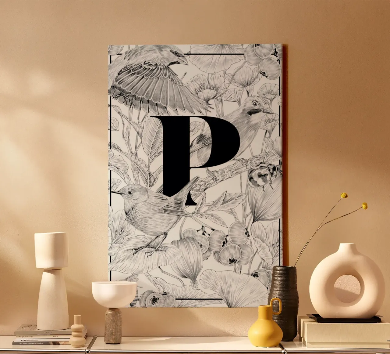 Floral Alphabet P canvas with Floater frame by Faunesque