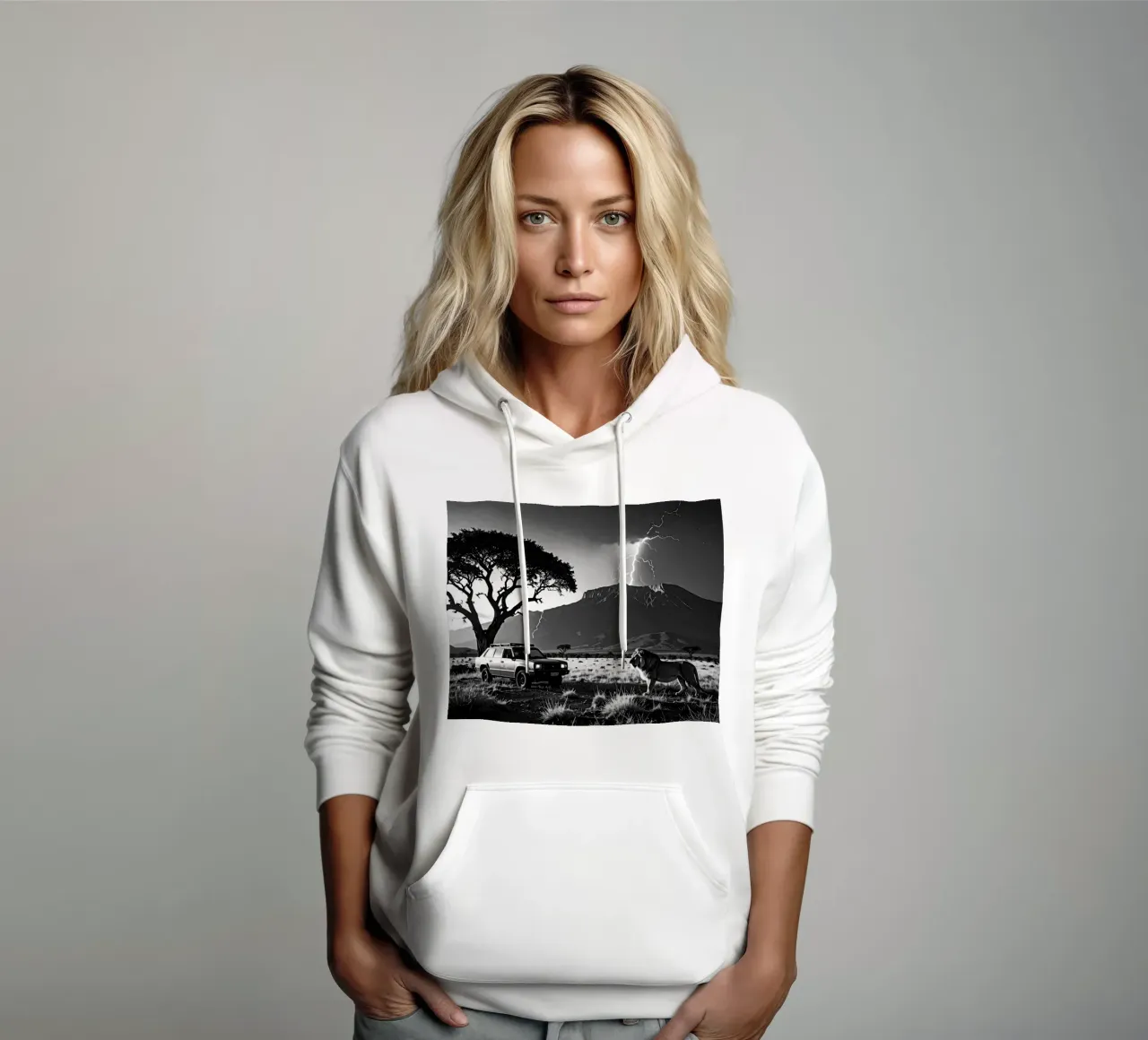 SAVANE AVEC LION. Noir et blanc felpa con cappuccio da Thierry vobmann photography