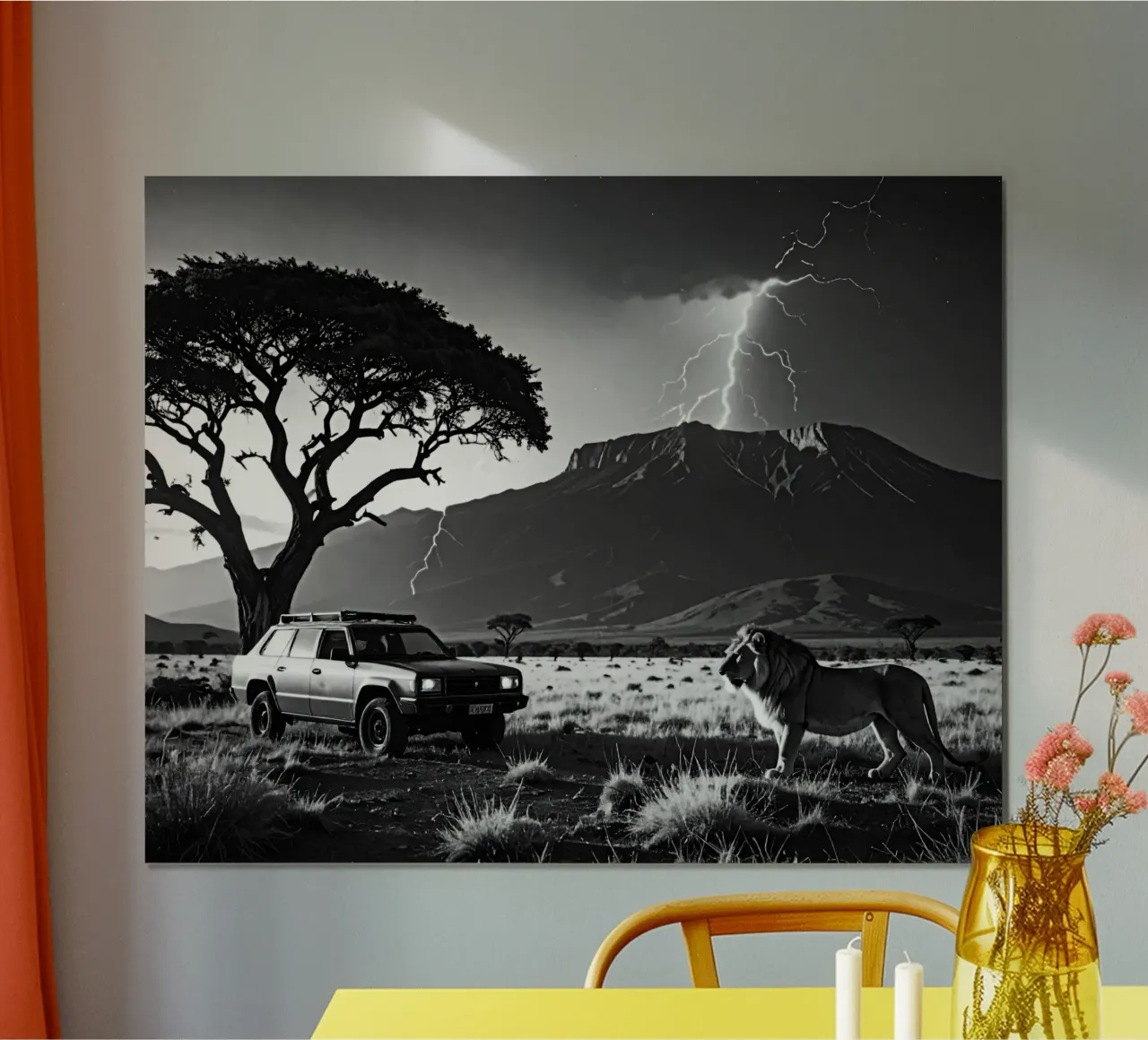 SAVANE AVEC LION. Noir et blanc poster con telaio in legno da Thierry vobmann photography