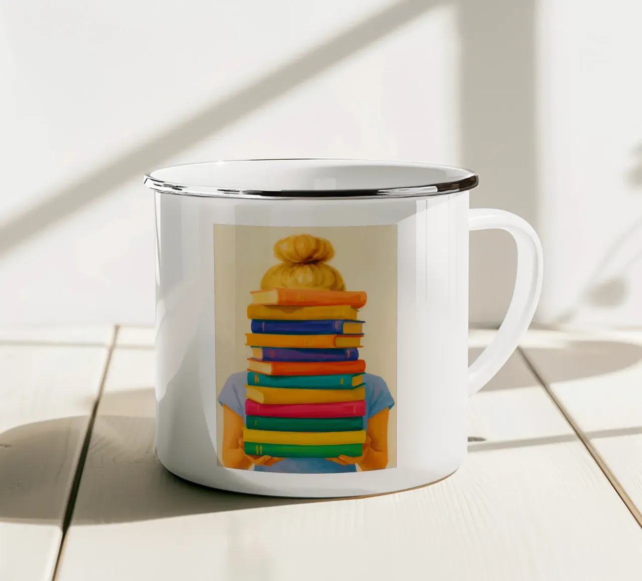 ragazza e libro disegno astratto ilustrazione tazza in smalto da danine