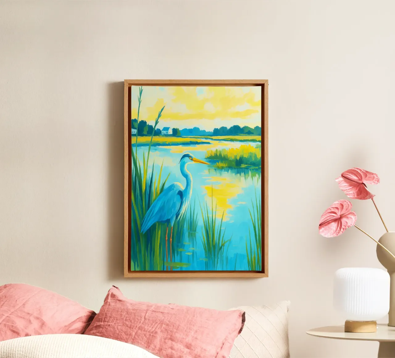 pelikaan in de rivier abstracte tekening ilustratie canvas met Baklijst van danine