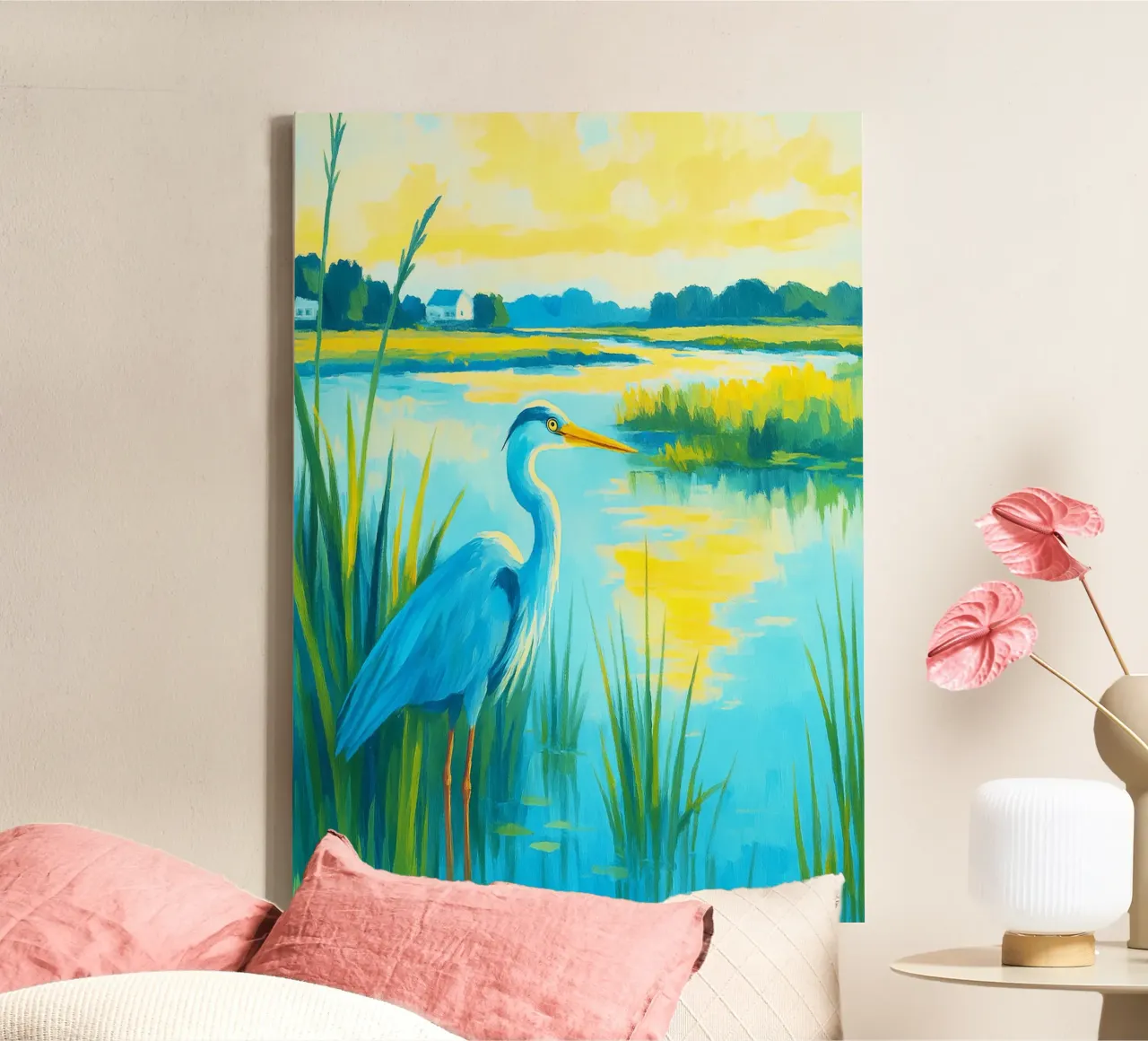 pelikaan in de rivier abstracte tekening ilustratie canvas met Baklijst van danine