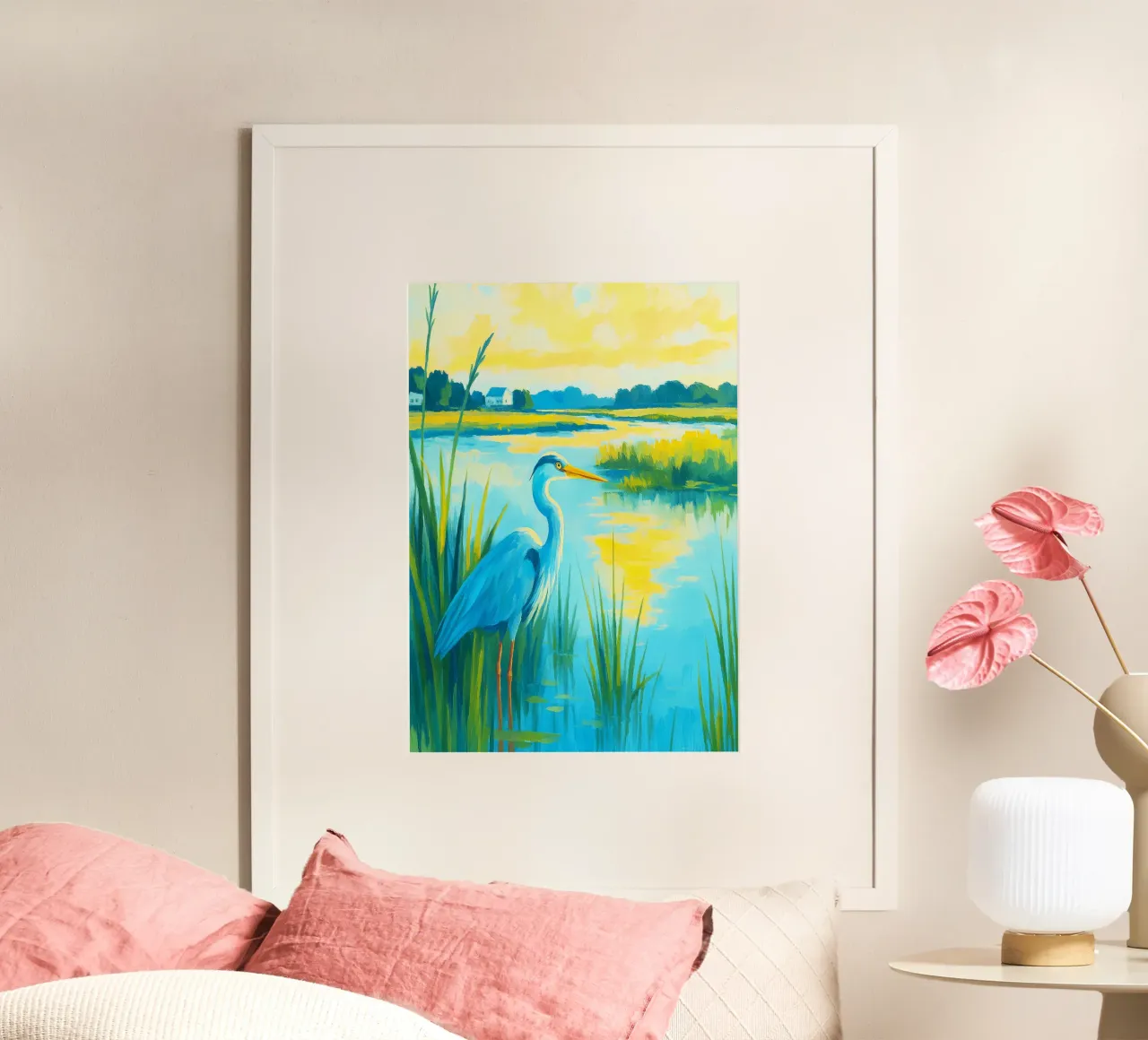pelikaan in de rivier abstracte tekening ilustratie poster met houten frame van danine